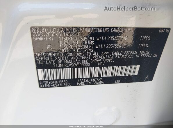 2T3NFREV5GW309000 2016 TOYOTA RAV4 White ძრავის განყოფილების ხედი