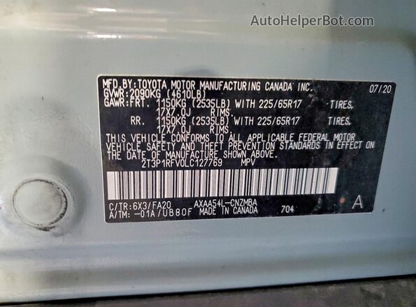 2T3P1RFV0LC127769 2020 TOYOTA RAV4 Teal VIN კოდის სტიკერის ხედი