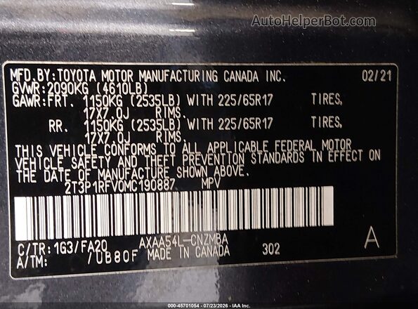 2T3P1RFV0MC190887 2021 TOYOTA RAV4 Blue Вид підкапотного простору