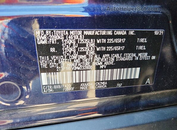 2T3P1RFV0MW232800 2021 TOYOTA RAV4 Blue VIN կոդի պիտակի տեսք