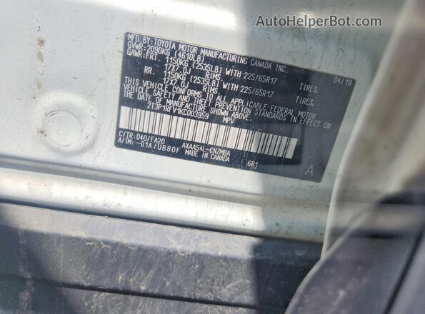 2T3P1RFV1KC003959 2019 TOYOTA RAV4 White Vista de la etiqueta del VIN