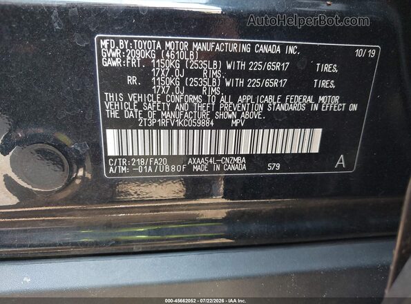2T3P1RFV1KC059884 2019 TOYOTA RAV4 Черный Вид подкапотного пространства