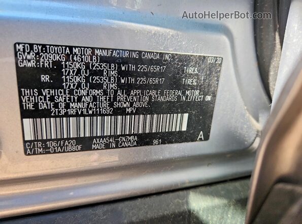 2T3P1RFV1LW111692 2020 TOYOTA RAV4 Silver ძრავის განყოფილების ხედი
