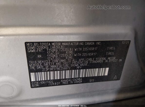 2T3P1RFV1NC256672 2022 TOYOTA RAV4 Silver ძრავის განყოფილების ხედი