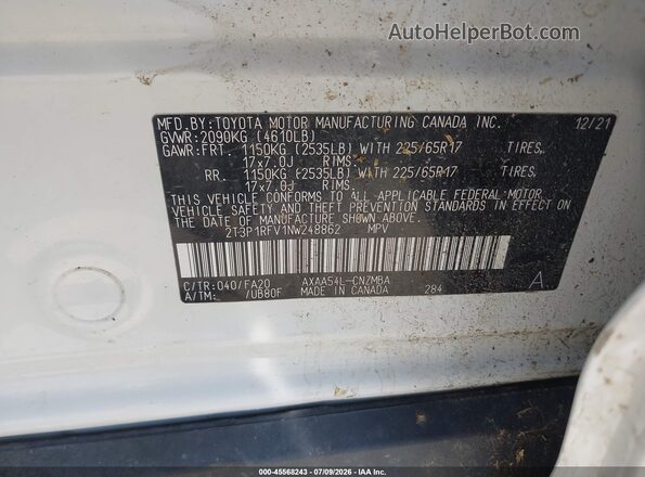 2T3P1RFV1NW248862 2022 TOYOTA RAV4 White Вид підкапотного простору