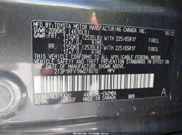 2T3P1RFV1NW278010 2022 TOYOTA RAV4 Серый Вид подкапотного пространства