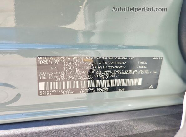 2T3P1RFV1PW394066 2023 TOYOTA RAV4 Gray Widok naklejki z numerem VIN