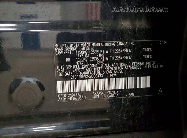 2T3P1RFV2KW006433 2019 TOYOTA RAV4 Black VIN კოდის სტიკერის ხედი