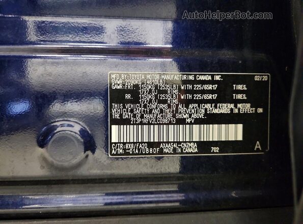 2T3P1RFV2LC098713 2020 TOYOTA RAV4 Blue VIN კოდის სტიკერის ხედი