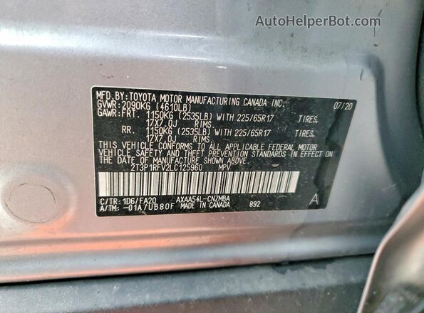 2T3P1RFV2LC125960 2020 TOYOTA RAV4 Silver VIN կոդի պիտակի տեսք