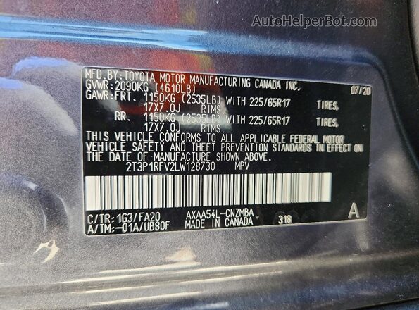 2T3P1RFV2LW128730 2020 TOYOTA RAV4 Black Вид наклейки з VIN-кодом