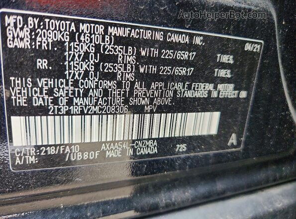 2T3P1RFV2MC208306 2021 TOYOTA RAV4 Черный Вид наклейки с VIN-кодом