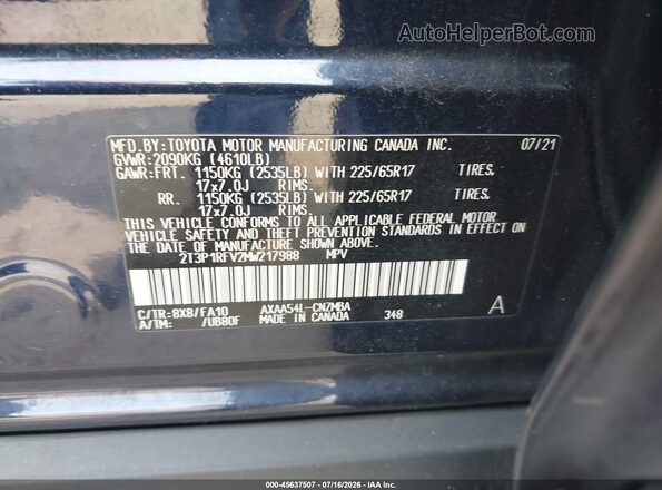 2T3P1RFV2MW217988 2021 TOYOTA RAV4 Blue Вид підкапотного простору