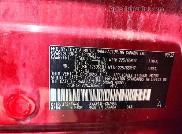 2T3P1RFV2NW306607 2022 TOYOTA RAV4 Maroon Widok wnętrza 360 stopni