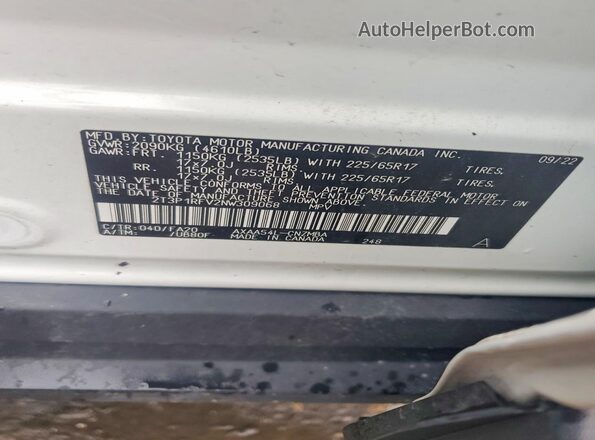 2T3P1RFV2NW309068 2022 TOYOTA RAV4 White VIN կոդի պիտակի տեսք