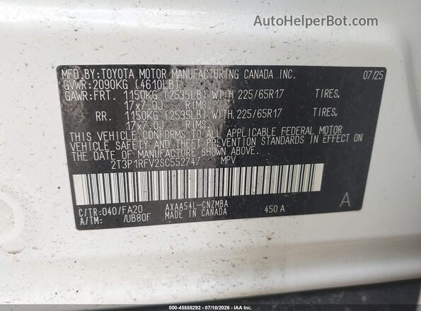 2T3P1RFV2SC552747 2025 TOYOTA RAV4 White Շարժիչի բաժամունքի տեսք