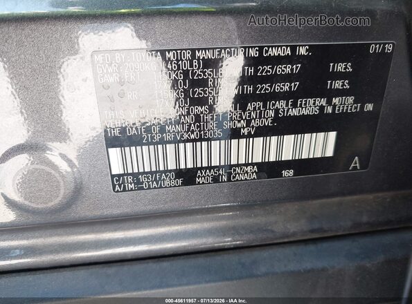 2T3P1RFV3KW013035 2019 TOYOTA RAV4 Gray Vista del compartimento del motor