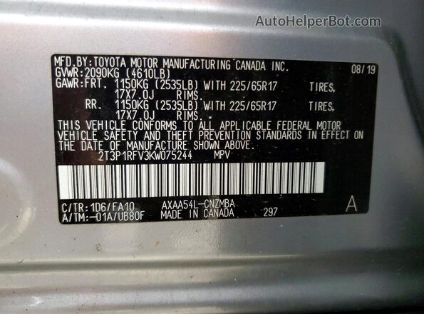 2T3P1RFV3KW075244 2019 TOYOTA RAV4 Серебряный Вид наклейки с VIN-кодом