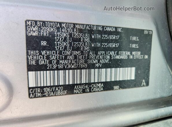 2T3P1RFV3KW077849 2019 TOYOTA RAV4 Silver Vista de la etiqueta del VIN