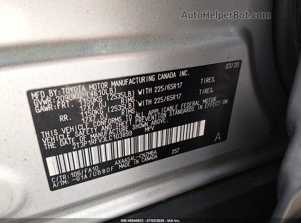 2T3P1RFV3LC103899 2020 TOYOTA RAV4 Silver ძრავის განყოფილების ხედი