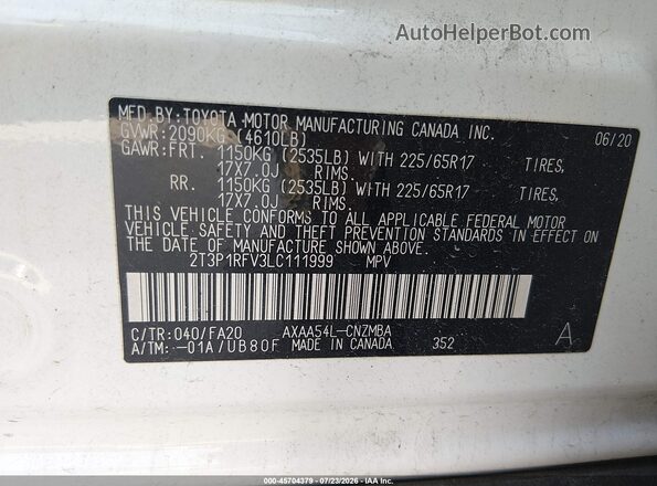 2T3P1RFV3LC111999 2020 TOYOTA RAV4 White Vista del compartimento del motor