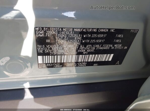 2T3P1RFV3NW328860 2022 TOYOTA RAV4 Gray Շարժիչի բաժամունքի տեսք