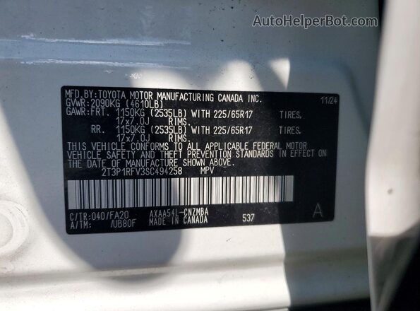 2T3P1RFV3SC494258 2025 TOYOTA RAV4 White VIN sticker view