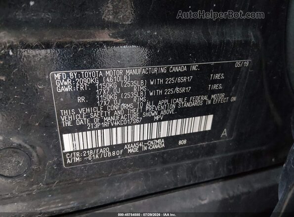 2T3P1RFV4KC017967 2019 TOYOTA RAV4 Black Շարժիչի բաժամունքի տեսք