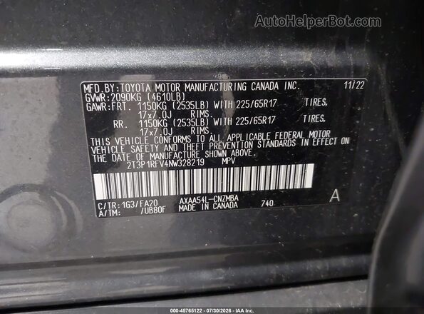 2T3P1RFV4NW328219 2022 TOYOTA RAV4 Серый Вид подкапотного пространства
