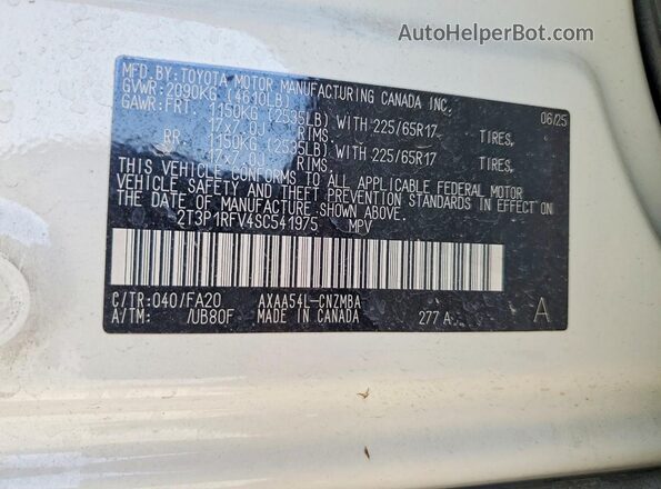 2T3P1RFV4SC541975 2025 TOYOTA RAV4 White VIN კოდის სტიკერის ხედი