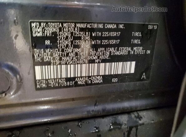 2T3P1RFV5KC048676 2019 TOYOTA RAV4 Gray Widok naklejki z numerem VIN