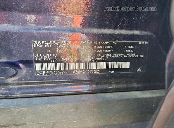 2T3P1RFV5KW043525 2019 TOYOTA RAV4 Blue VIN კოდის სტიკერის ხედი