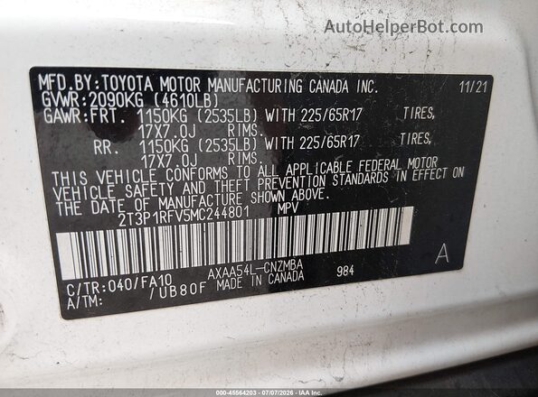 2T3P1RFV5MC244801 2021 TOYOTA RAV4 White Engine compartment view