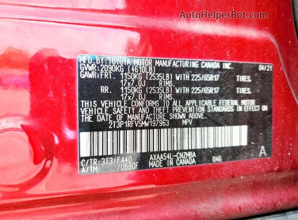 2T3P1RFV5MW197963 2021 TOYOTA RAV4 Red VIN კოდის სტიკერის ხედი