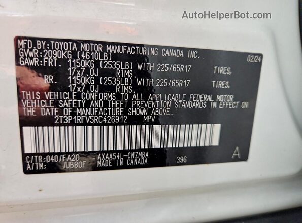2T3P1RFV5RC426912 2024 TOYOTA RAV4 White Вид наклейки з VIN-кодом