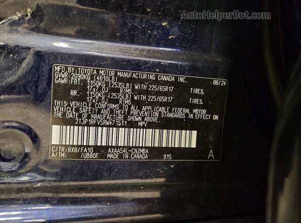 2T3P1RFV5RW471511 2024 TOYOTA RAV4 Blue VIN კოდის სტიკერის ხედი