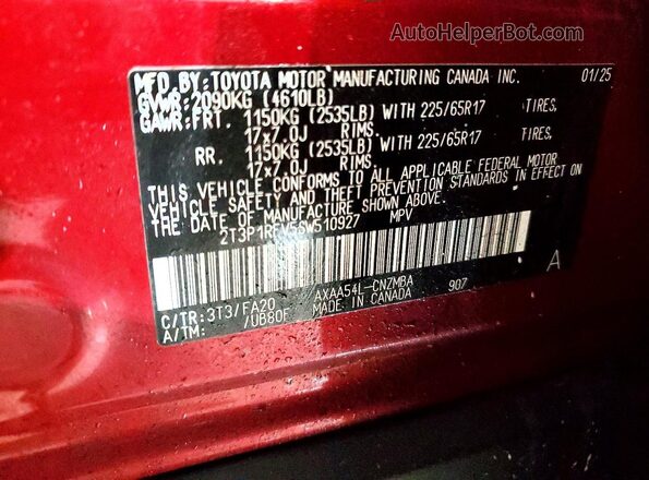 2T3P1RFV5SW510927 2025 TOYOTA RAV4 Red VIN კოდის სტიკერის ხედი