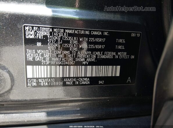 2T3P1RFV6KC046967 2019 TOYOTA RAV4 Black Вид підкапотного простору