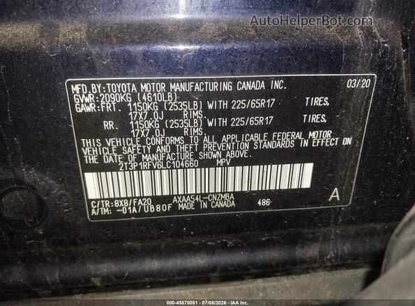 2T3P1RFV6LC104660 2020 TOYOTA RAV4 Blue Вид підкапотного простору