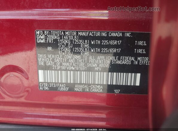 2T3P1RFV6MW181691 2021 TOYOTA RAV4 Red Vista del compartimento del motor