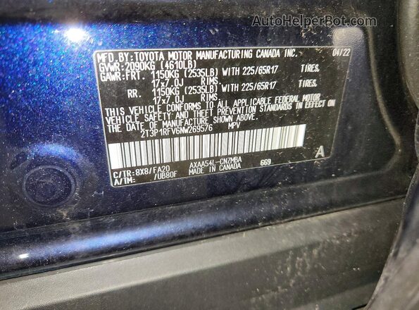 2T3P1RFV6NW269576 2022 TOYOTA RAV4 Blue Вид наклейки з VIN-кодом