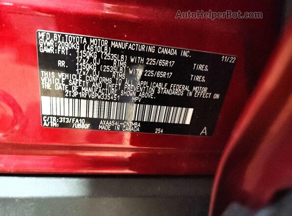 2T3P1RFV6PW335451 2023 TOYOTA RAV4 Бордовый Вид наклейки с VIN-кодом