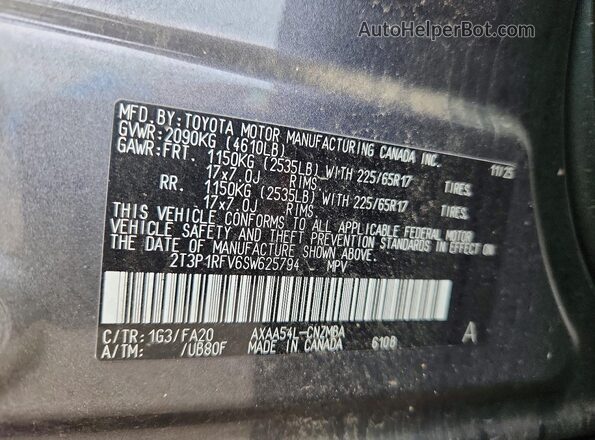 2T3P1RFV6SW625794 2025 TOYOTA RAV4 Gray VIN კოდის სტიკერის ხედი