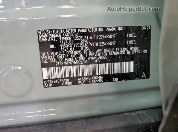 2T3P1RFV7MW209708 2021 TOYOTA RAV4 Gray Vista de la etiqueta del VIN
