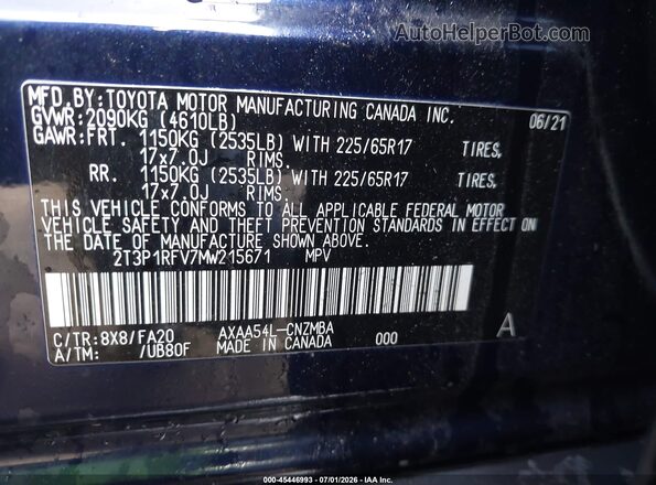 2T3P1RFV7MW215671 2021 TOYOTA RAV4 Blue Vista del compartimento del motor
