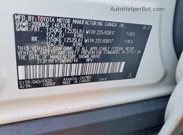 2T3P1RFV7SW586746 2025 TOYOTA RAV4 White VIN კოდის სტიკერის ხედი