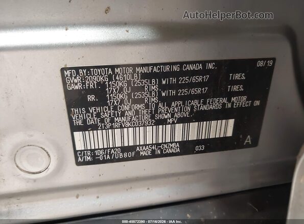 2T3P1RFV8KC037932 2019 TOYOTA RAV4 Silver ძრავის განყოფილების ხედი