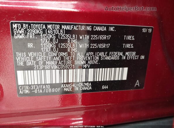 2T3P1RFV8KC059221 2019 TOYOTA RAV4 Red Вид підкапотного простору