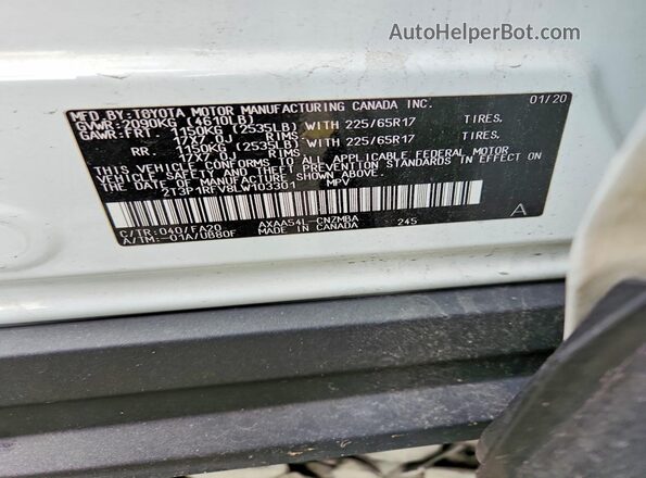 2T3P1RFV8LW103301 2020 TOYOTA RAV4 White Vista de la etiqueta del VIN