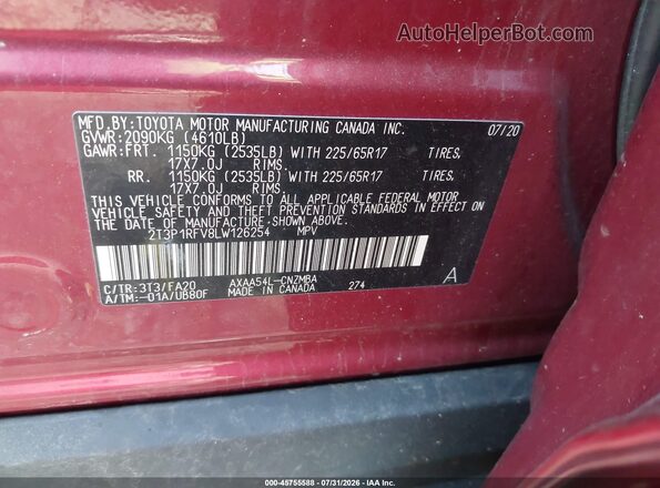2T3P1RFV8LW126254 2020 TOYOTA RAV4 Красный Вид подкапотного пространства